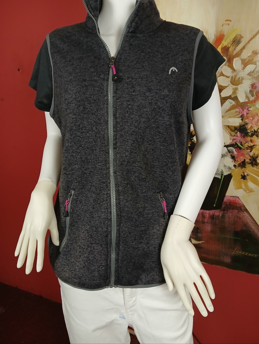 Head Charcoal Gray Sleeveless Zip Fleece Vest with Pink Accents Hoodie.